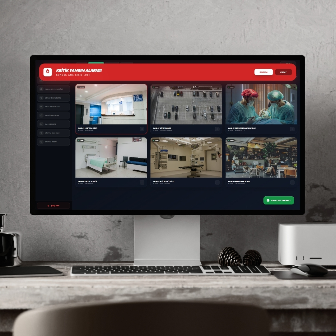 Modern bir kontrol merkezinde, farklı güvenlik sistemlerinin tek bir büyük monitör üzerinden yönetildiği şematik bir arayüz görünümü.