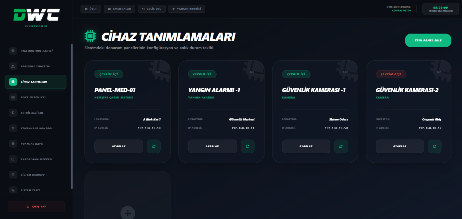 Acil durum uyarısı veren bir tablet ekranında, otomatik olarak açılan bir bina krokisi ve o bölgeye ait canlı kamera görüntüsü.