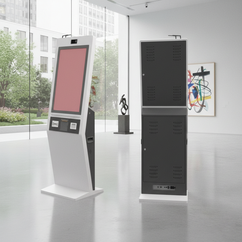 Şık bir lobi girişinde duran, metalik gövdeli ve geniş dokunmatik ekranlı modern bir biletleme kioskunun boydan görünümü.